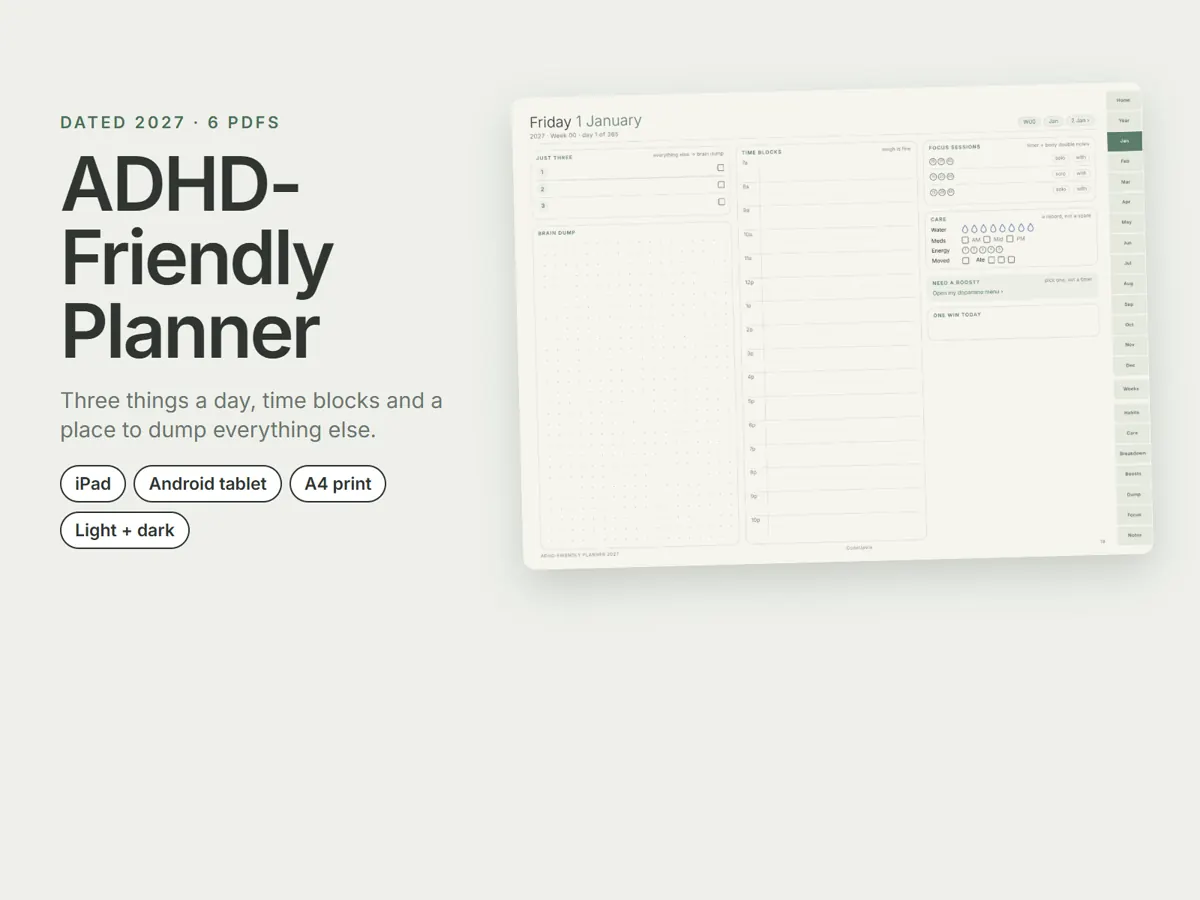 The cover image: the title ADHD-Friendly Planner under the line Dated 2027, 6 PDFs, with pills reading iPad, Android tablet, A4 print and Light plus dark, beside a daily page for Friday 1 January showing Just three, Brain dump, Time blocks, Focus sessions, Care and One win today.