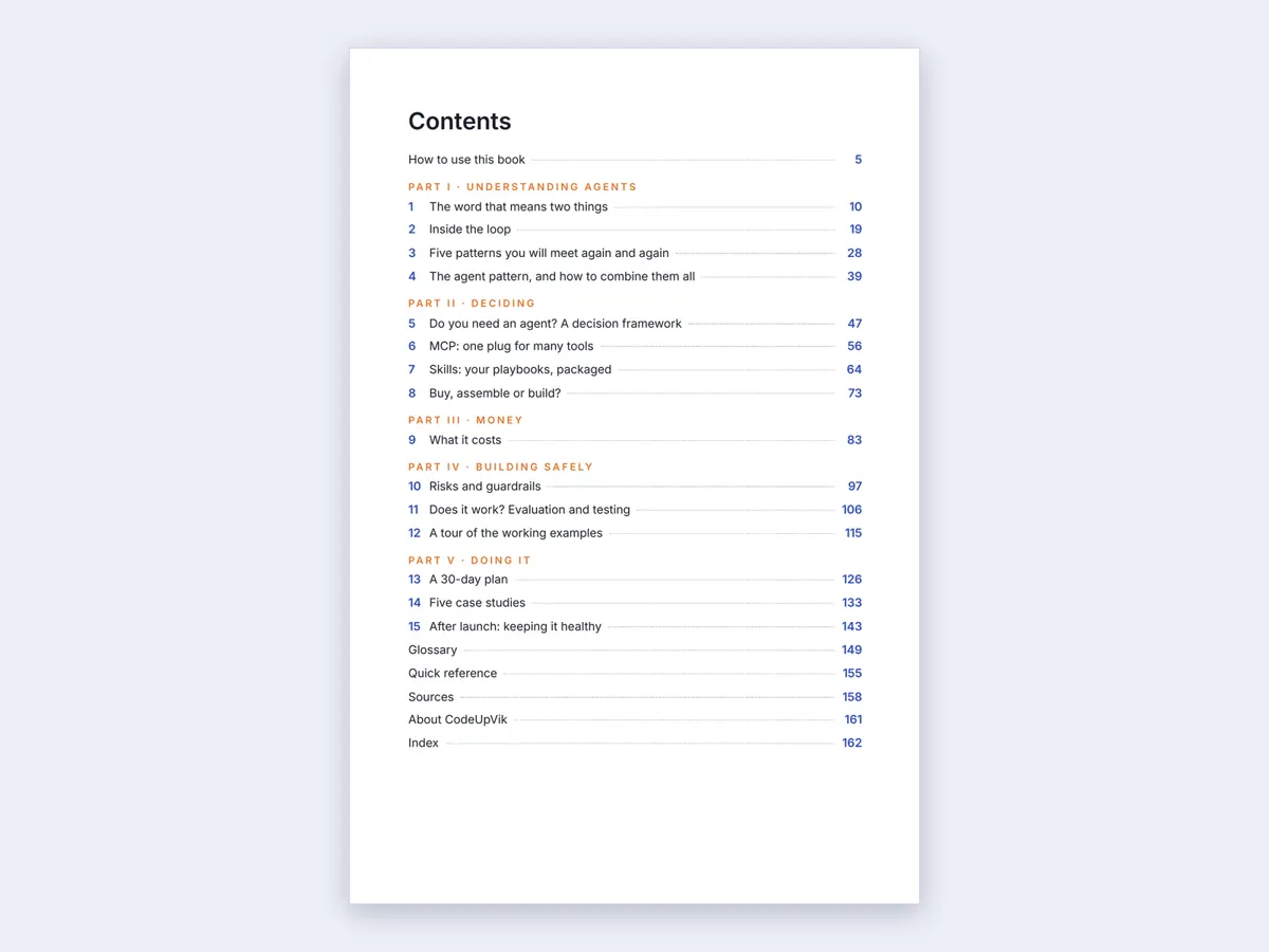 Page 4, the contents: 15 chapters in five parts, then glossary, quick reference, sources, about and index, with page numbers.