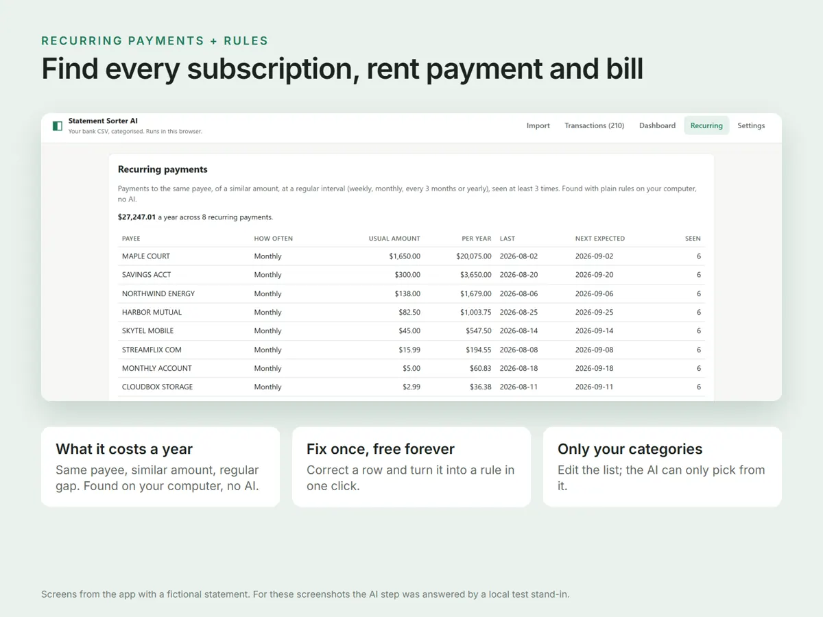 Recurring payments, and turning a correction into a rule in one click