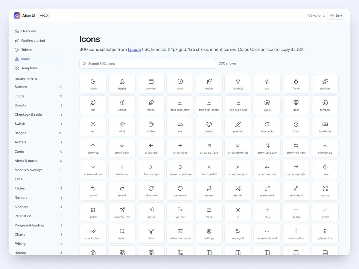 Icon set in the docs site