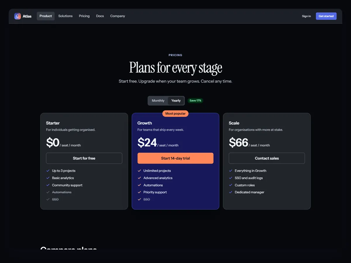 Pricing page template in dark mode