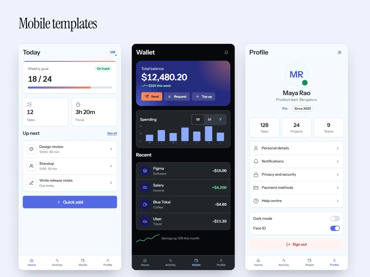 Mobile templates: home, wallet and profile