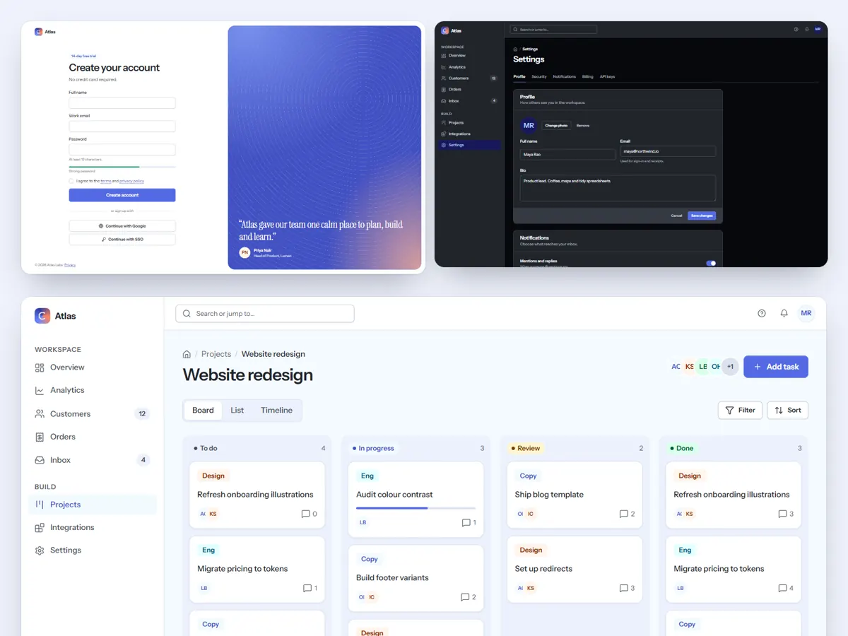 Sign-up, settings and project board templates