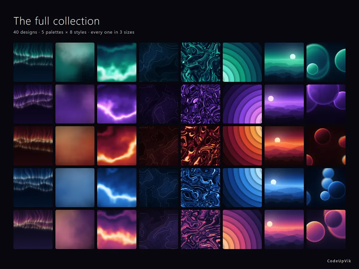 The full collection: 40 designs in 5 palettes