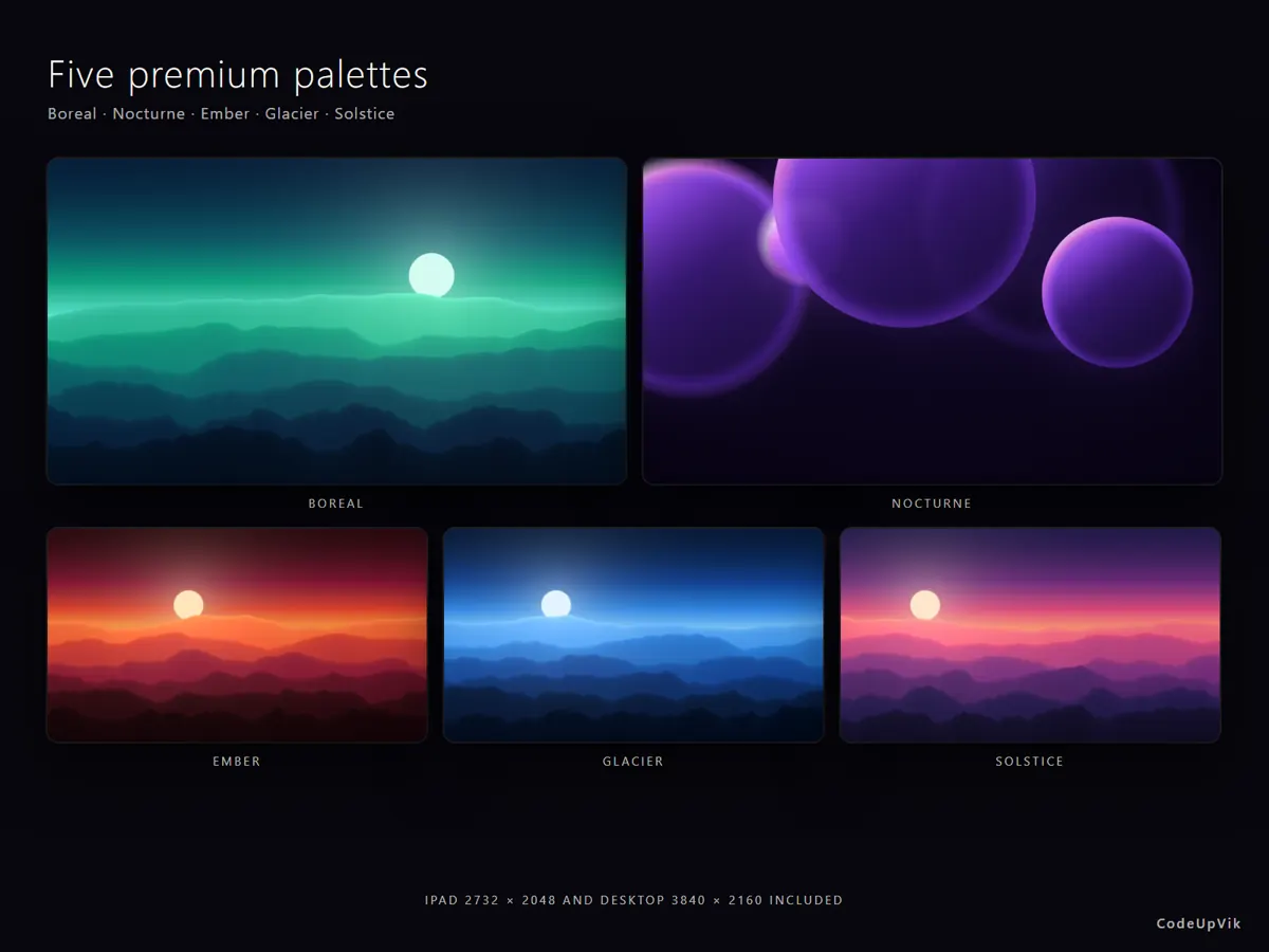The five palettes: Boreal, Nocturne, Ember, Glacier and Solstice