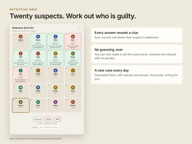 Detective Grid: Daily Logic Deduction Game + Builder