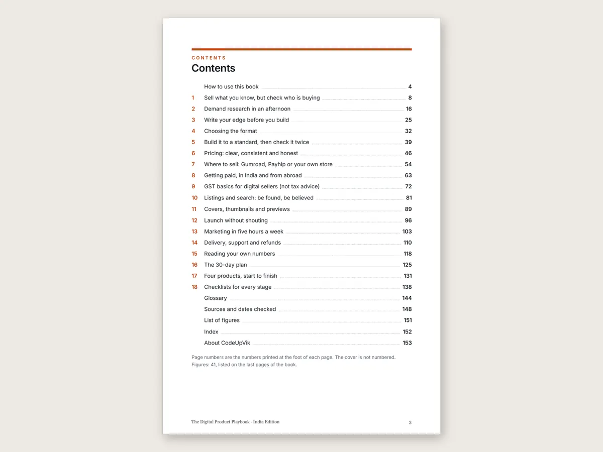 The contents page: 18 chapters, then glossary, sources and dates checked, list of figures, index and about page, with the printed page number for each.