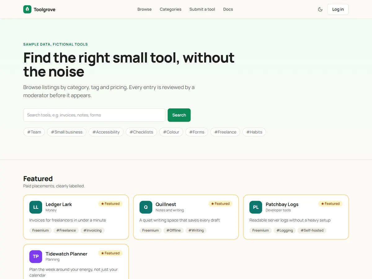 Directory home page with search, tags and featured listings