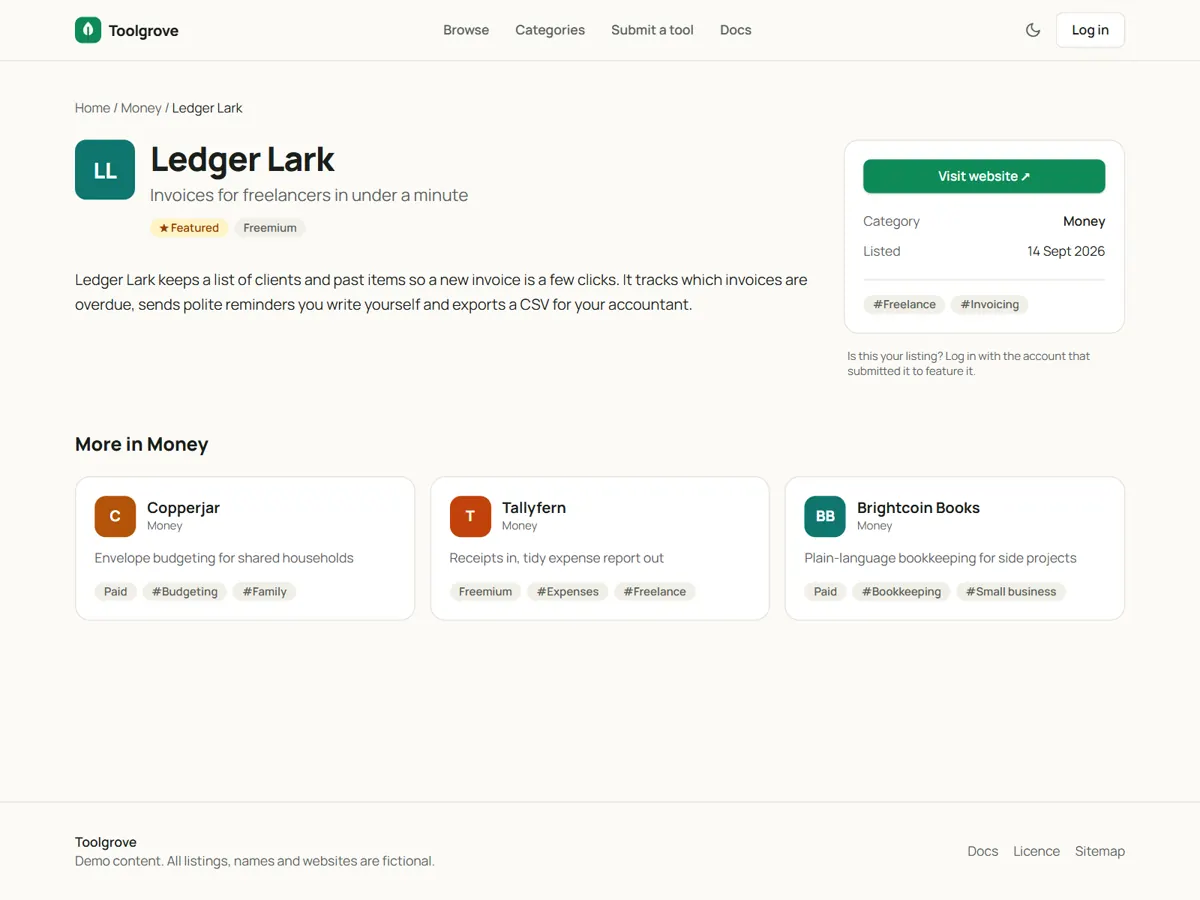 Listing page with category, tags and related listings