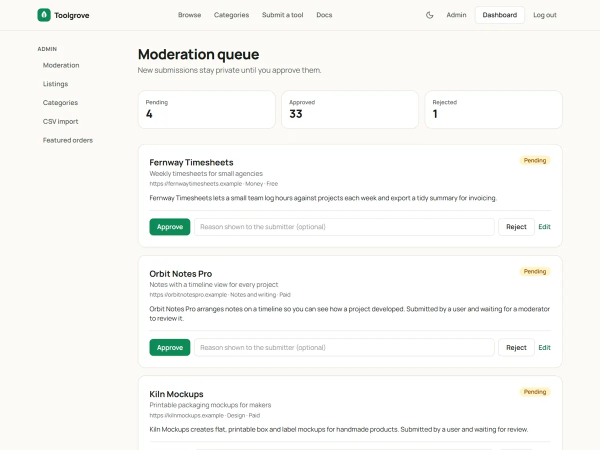 Admin moderation queue with approve and reject