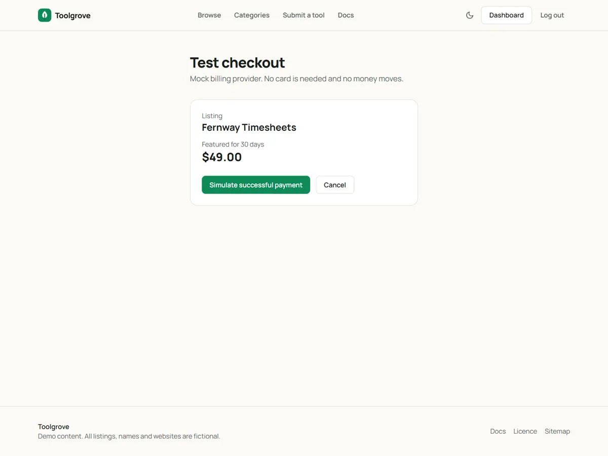 Test checkout for a featured slot (mock billing)
