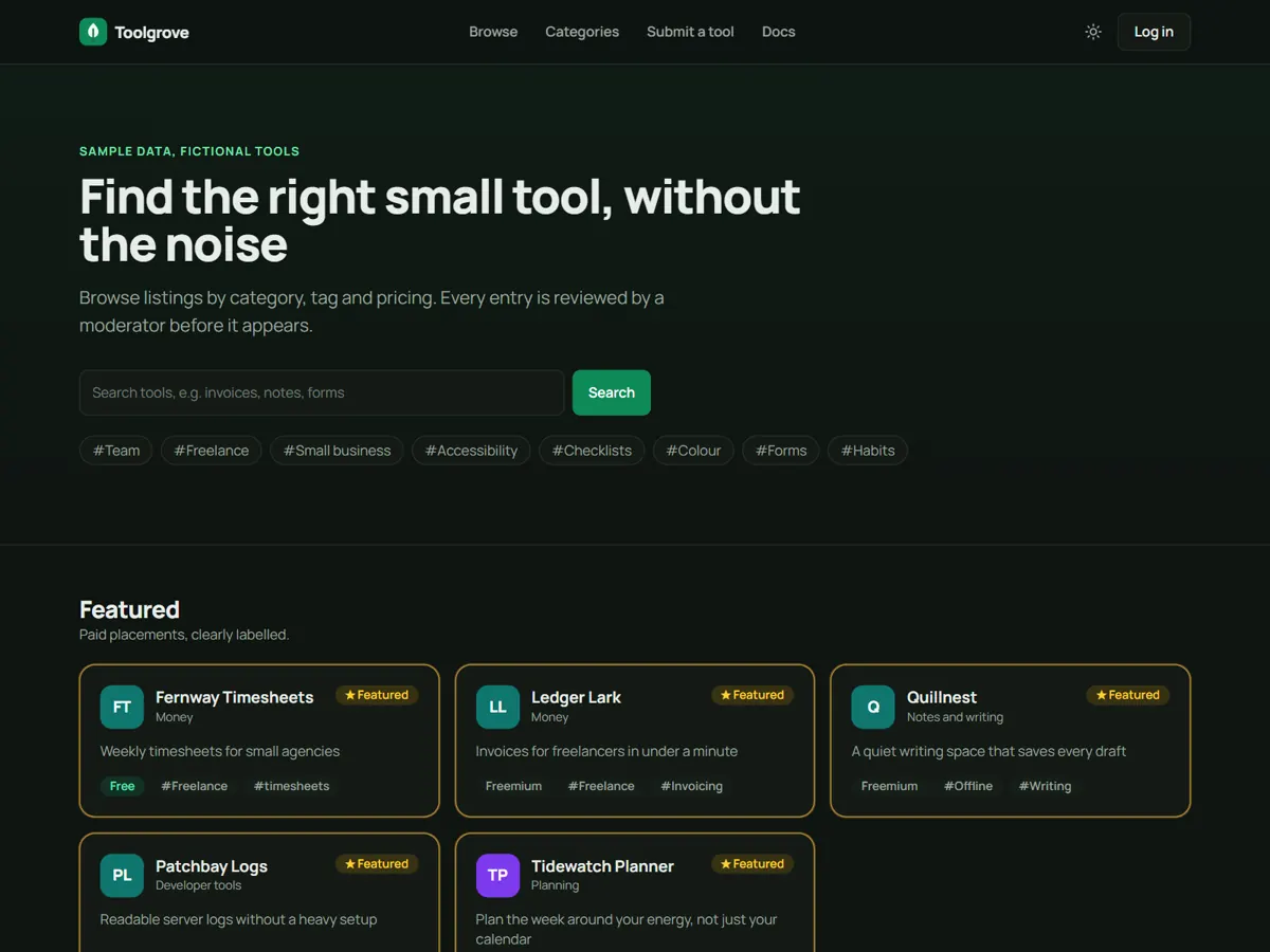 Directory home page in the dark theme