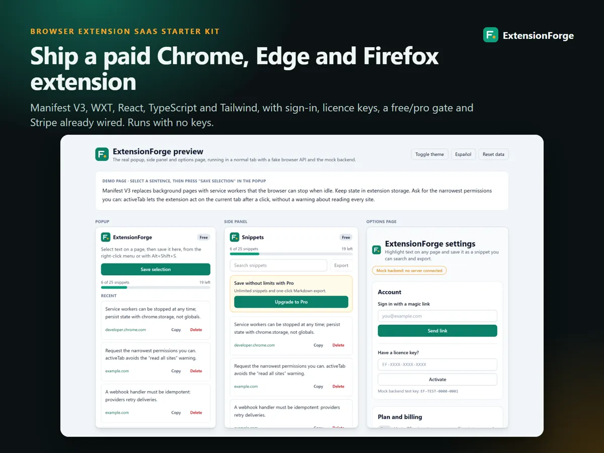 ExtensionForge preview: popup, side panel and options page