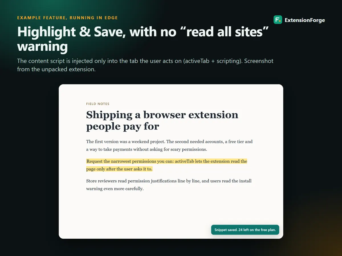 Highlight & Save example feature, with no host permissions