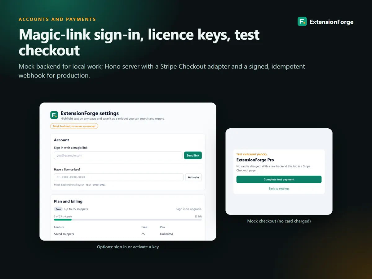 Magic-link sign-in, licence key and test checkout