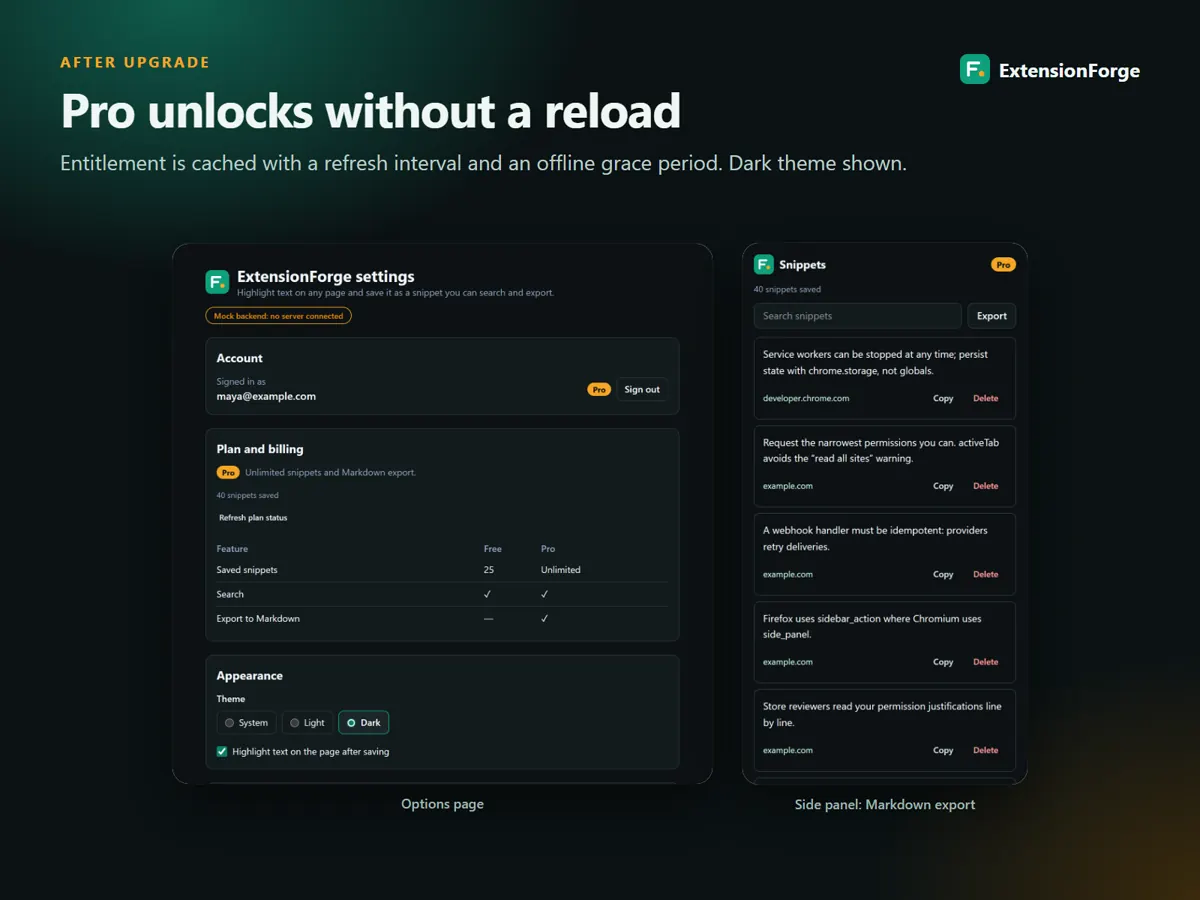 Pro unlocked without a reload, dark theme