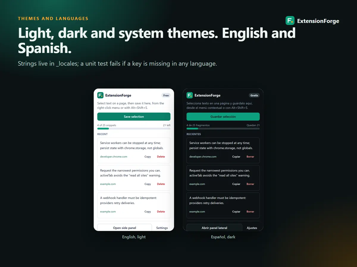 Light and dark themes in English and Spanish