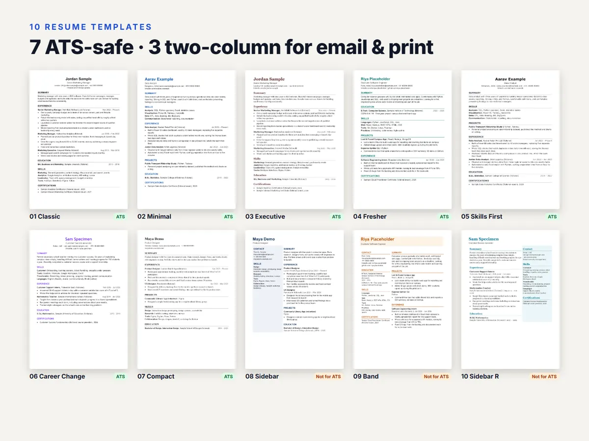 Ten resume templates: 7 ATS-safe and 3 two-column designs
