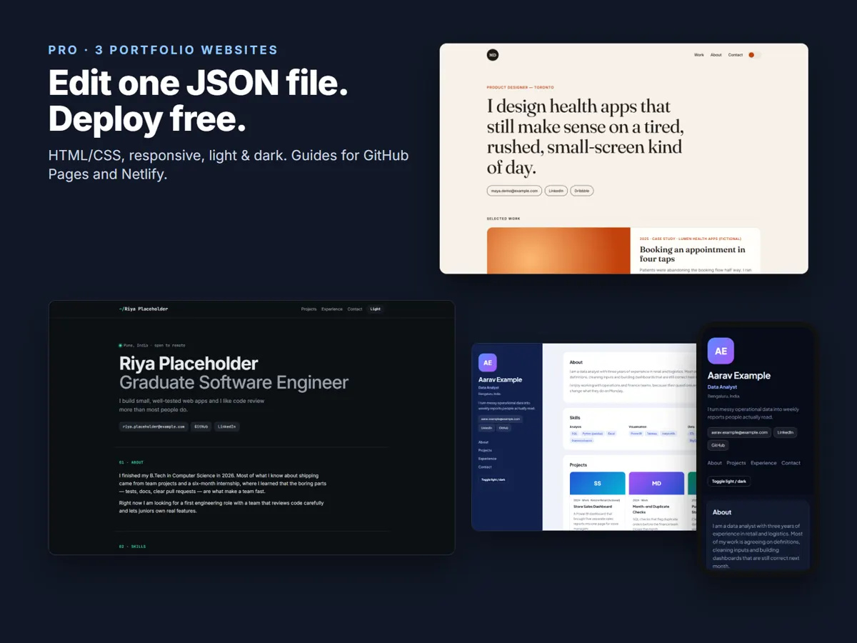 Three portfolio website templates in light and dark themes (Pro)