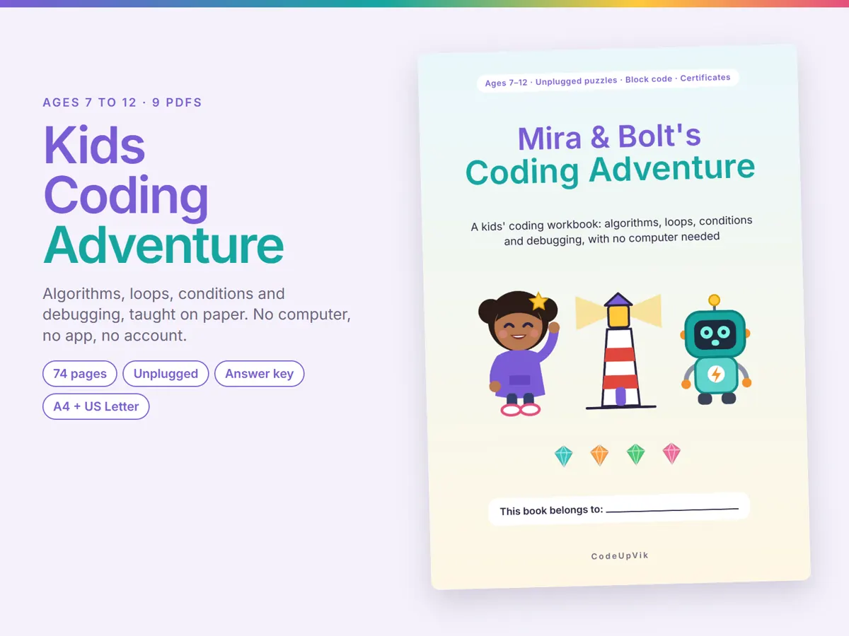 The cover. Mira, Bolt the robot and Glitch, and the five islands the child travels through.