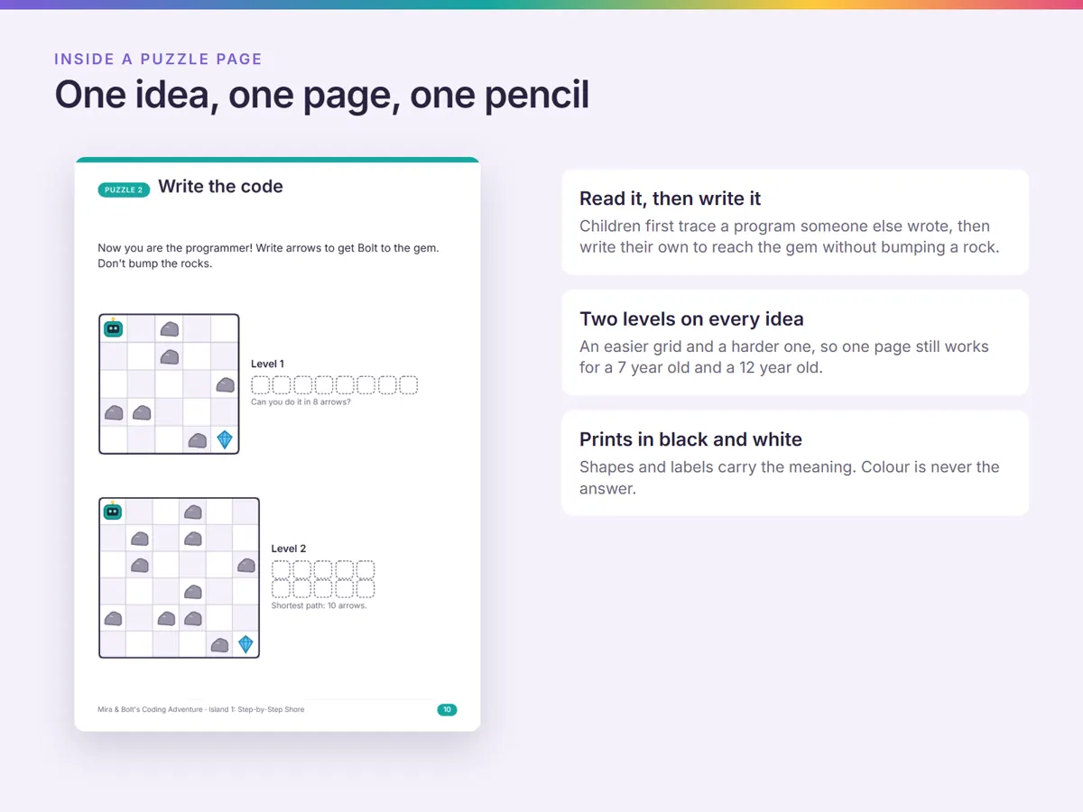 Inside a page: a grid puzzle from Step-by-Step Shore, with the trace box a child fills in by hand.