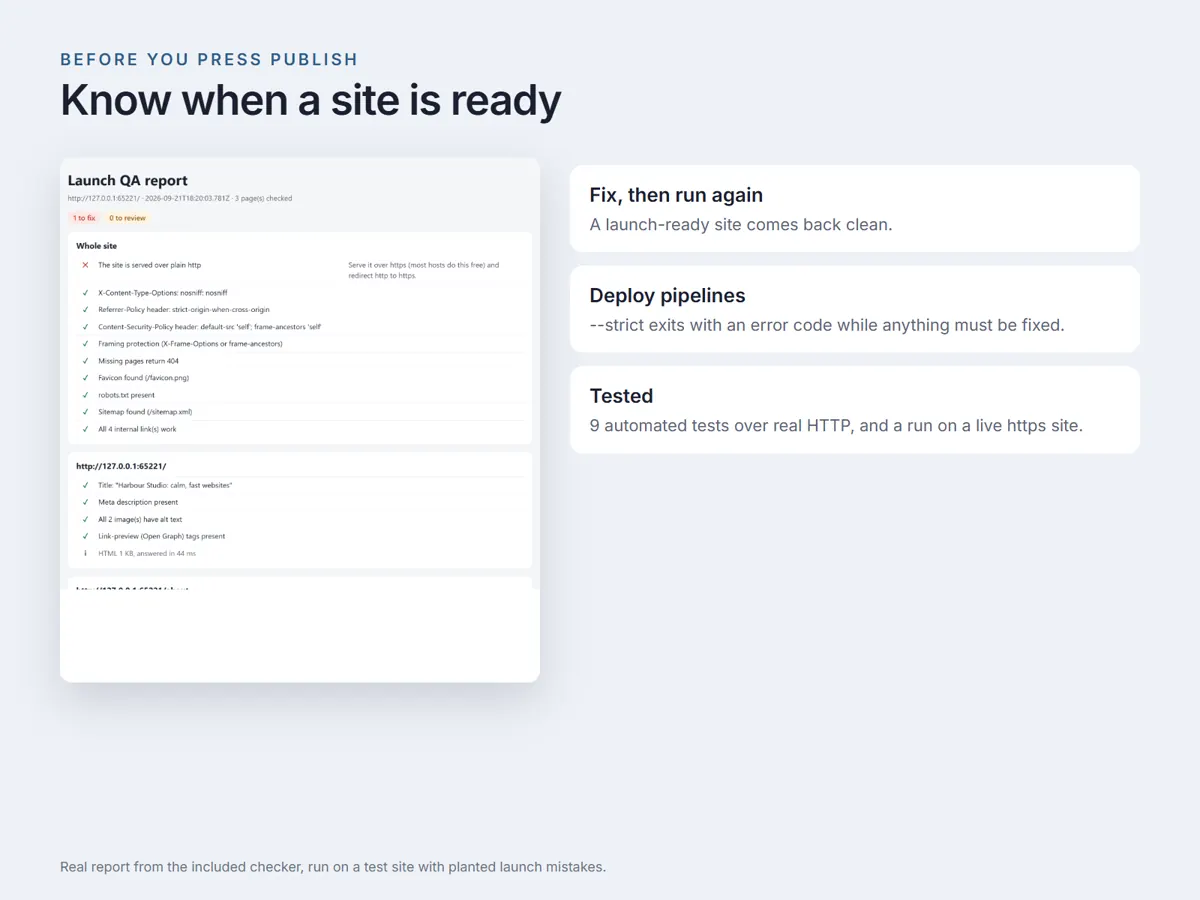 A clean report on a launch-ready site