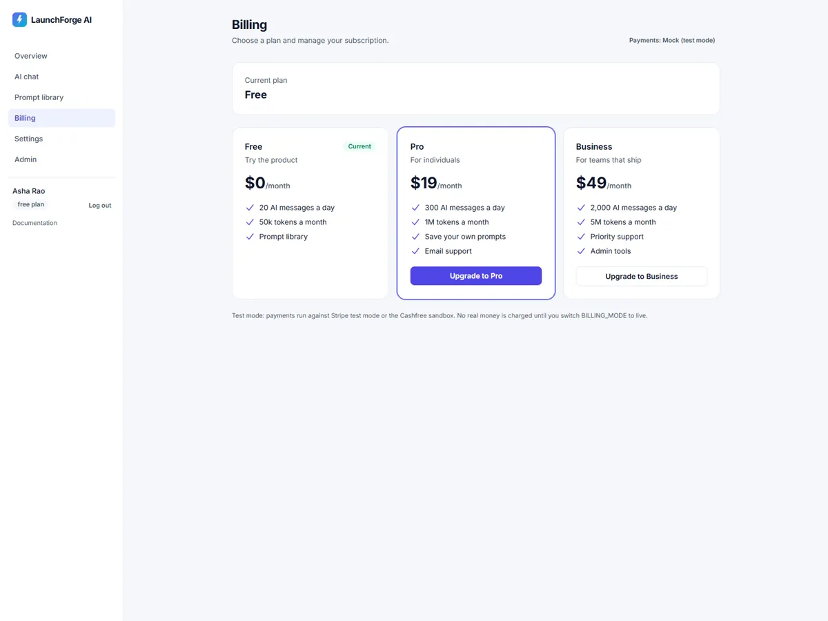 Billing page with plan options
