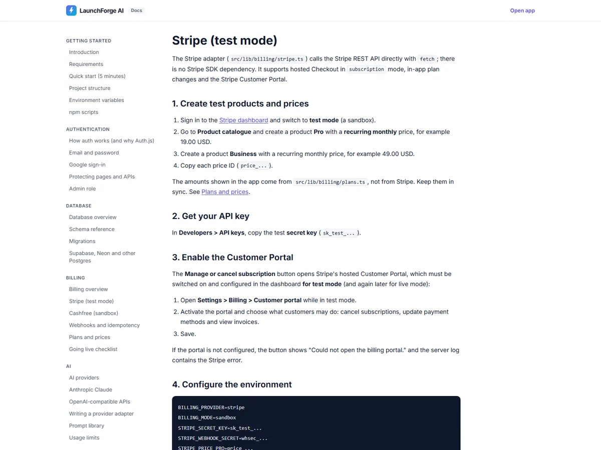 Built-in docs: billing setup page