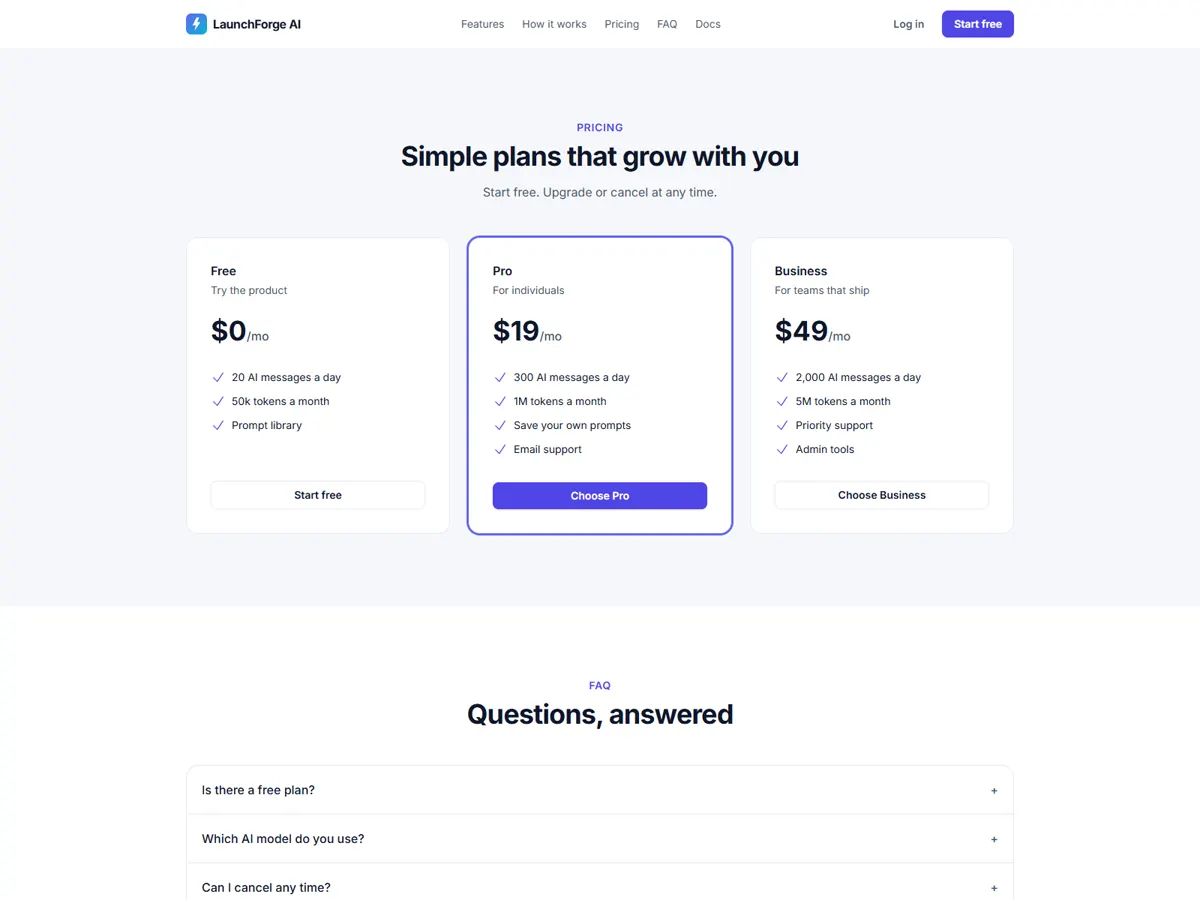 Landing page pricing section