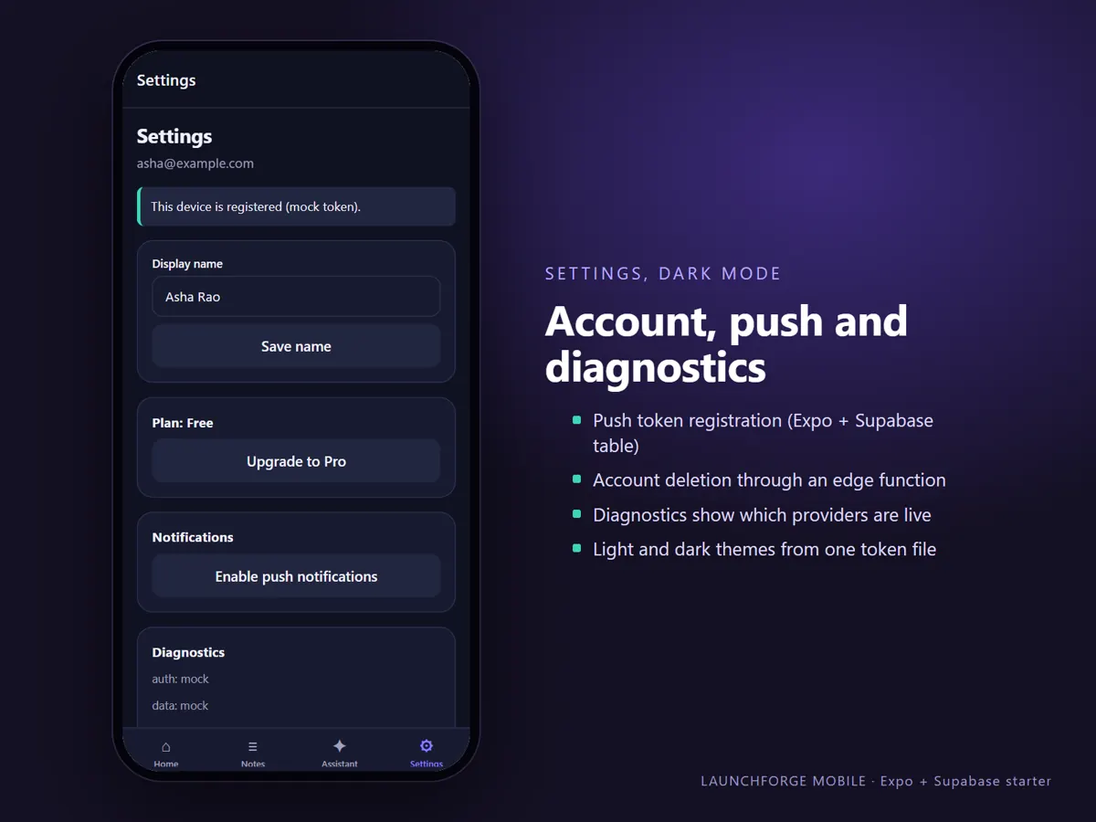 Settings screen in dark mode