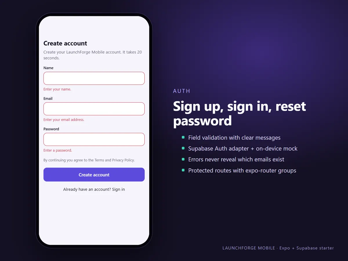 Sign-up screen with field validation