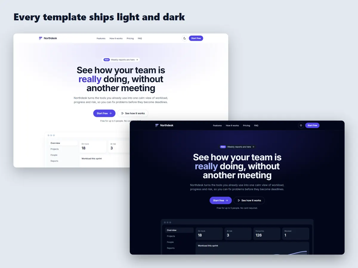 The same template in light and dark themes