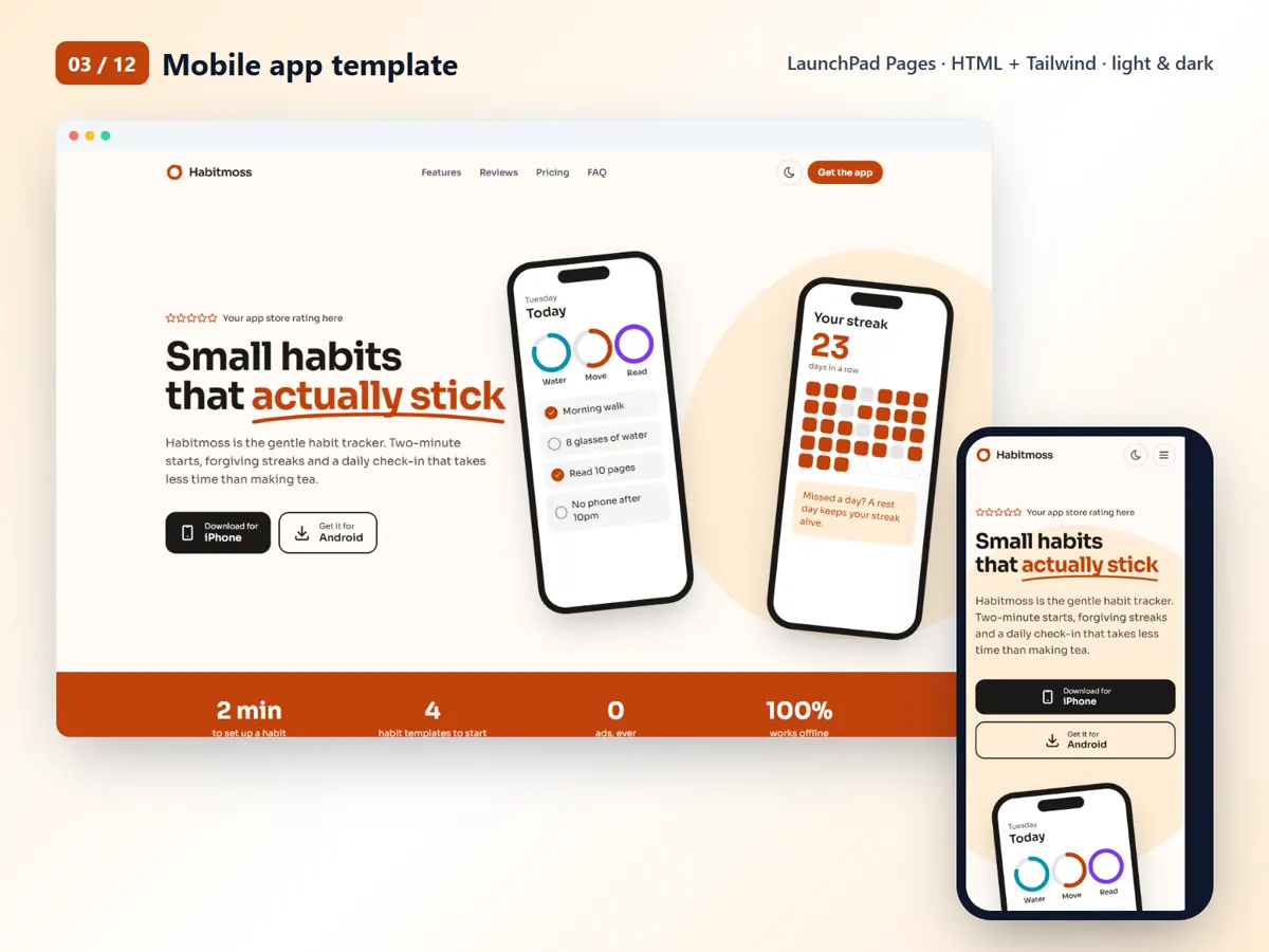 Mobile app template, desktop and mobile