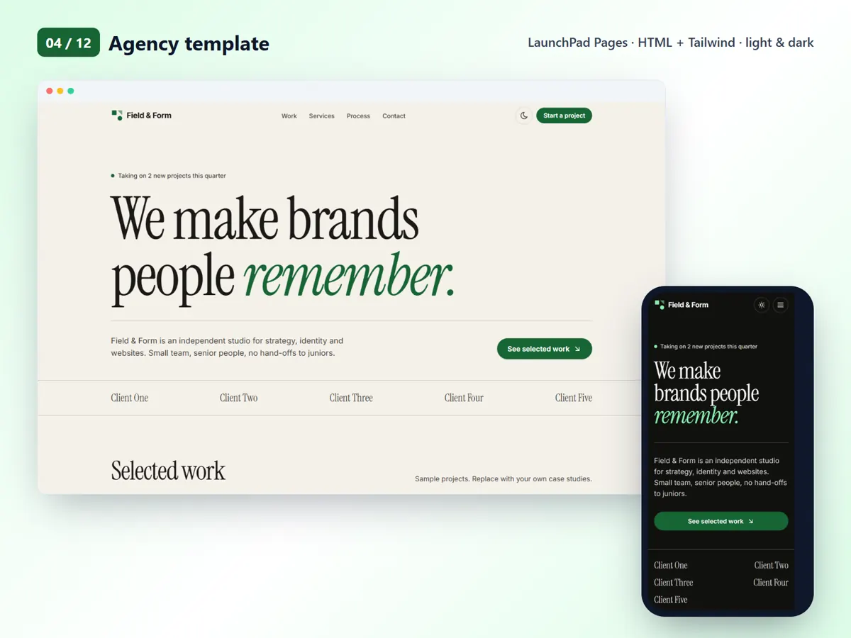 Agency template, desktop and mobile