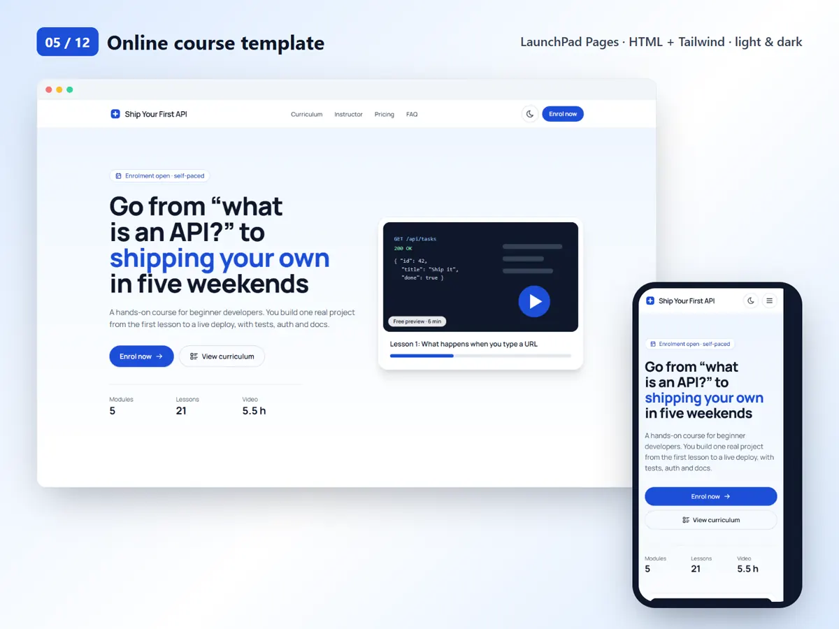 Online course template, desktop and mobile