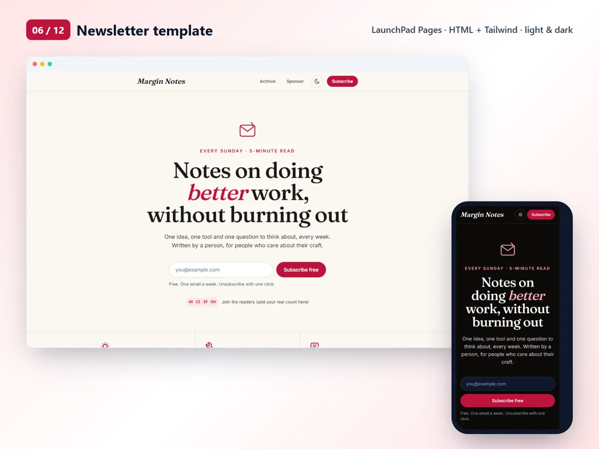 Newsletter template, desktop and mobile