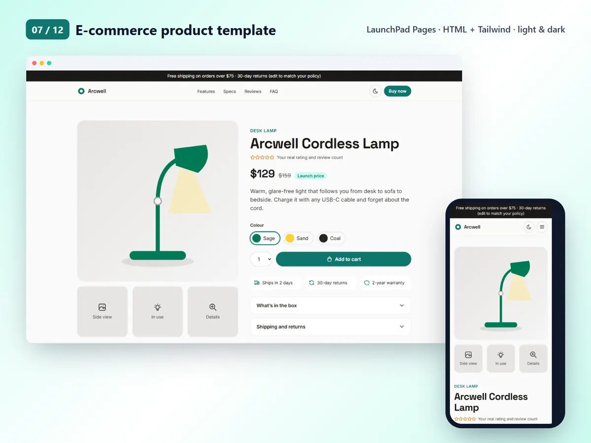 E-commerce product template, desktop and mobile