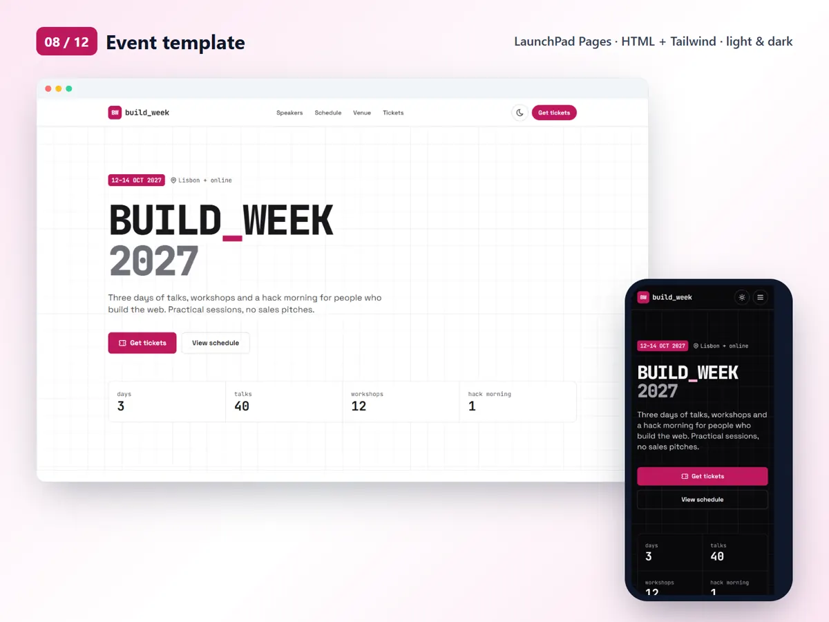 Event template, desktop and mobile