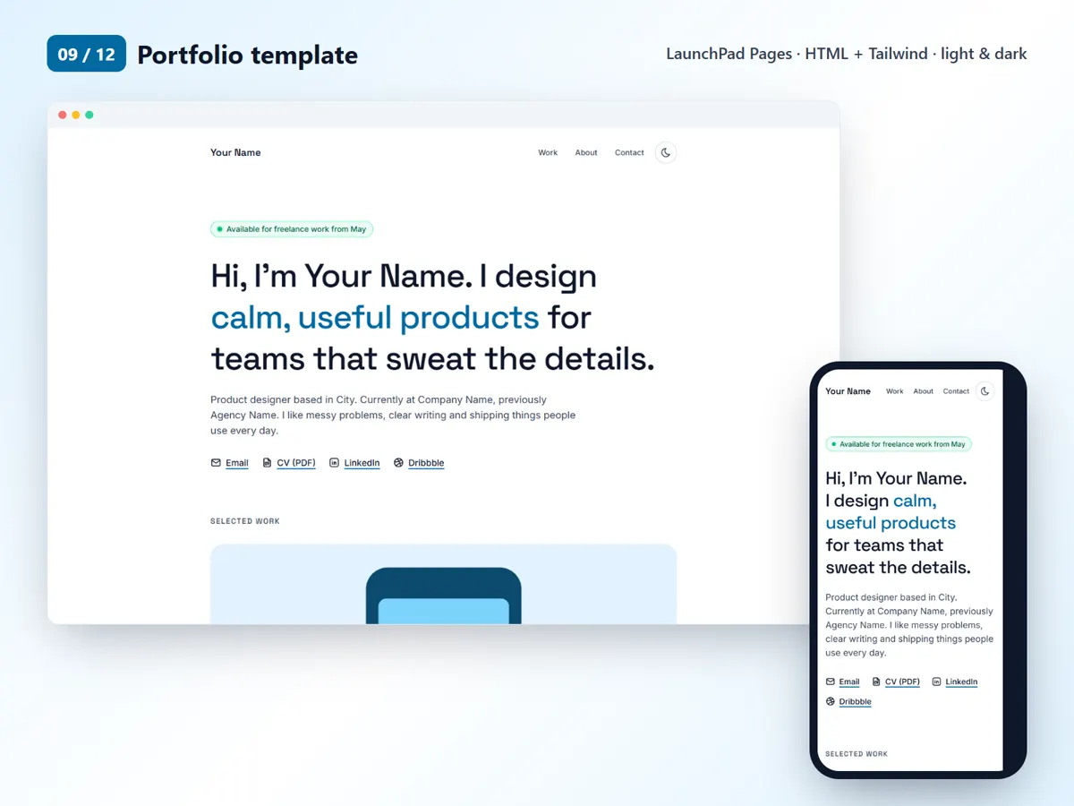 Portfolio template, desktop and mobile