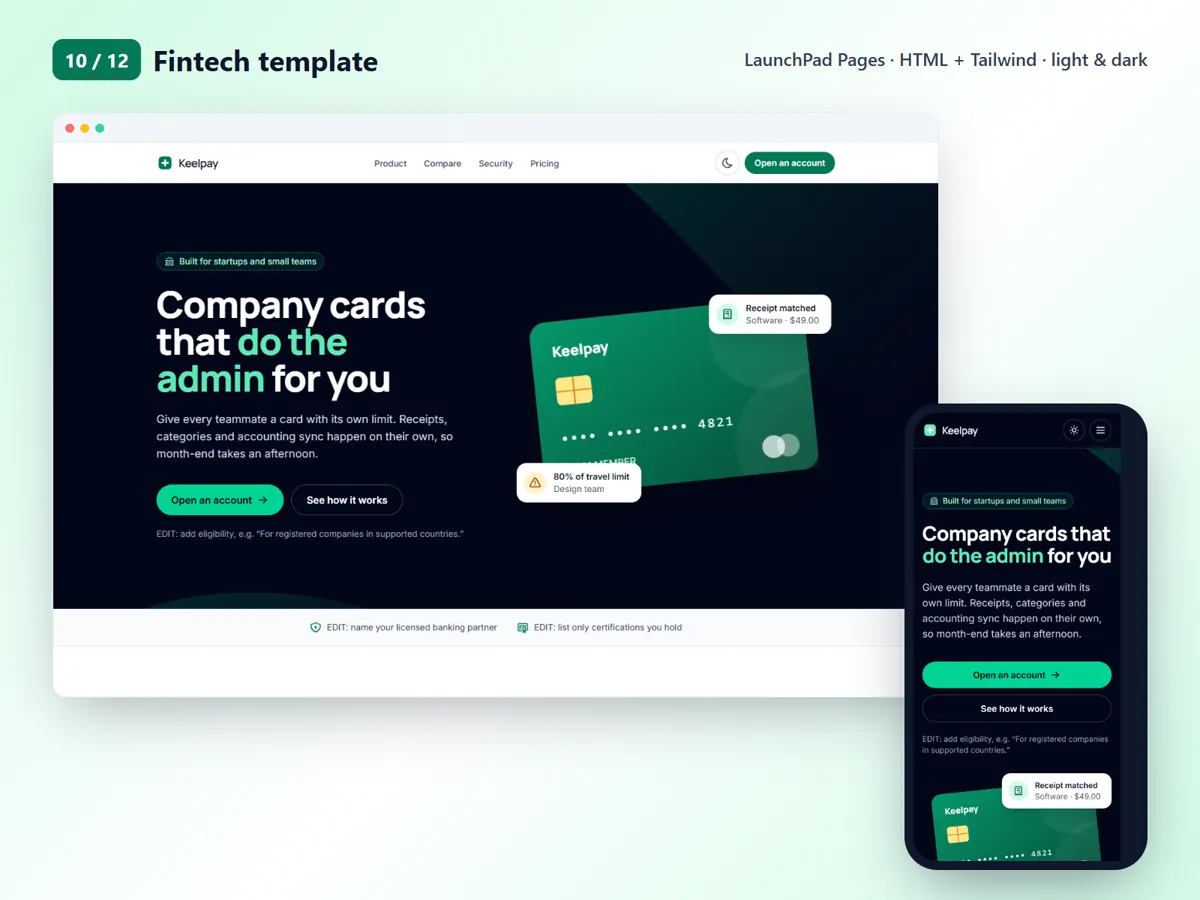 Fintech template, desktop and mobile
