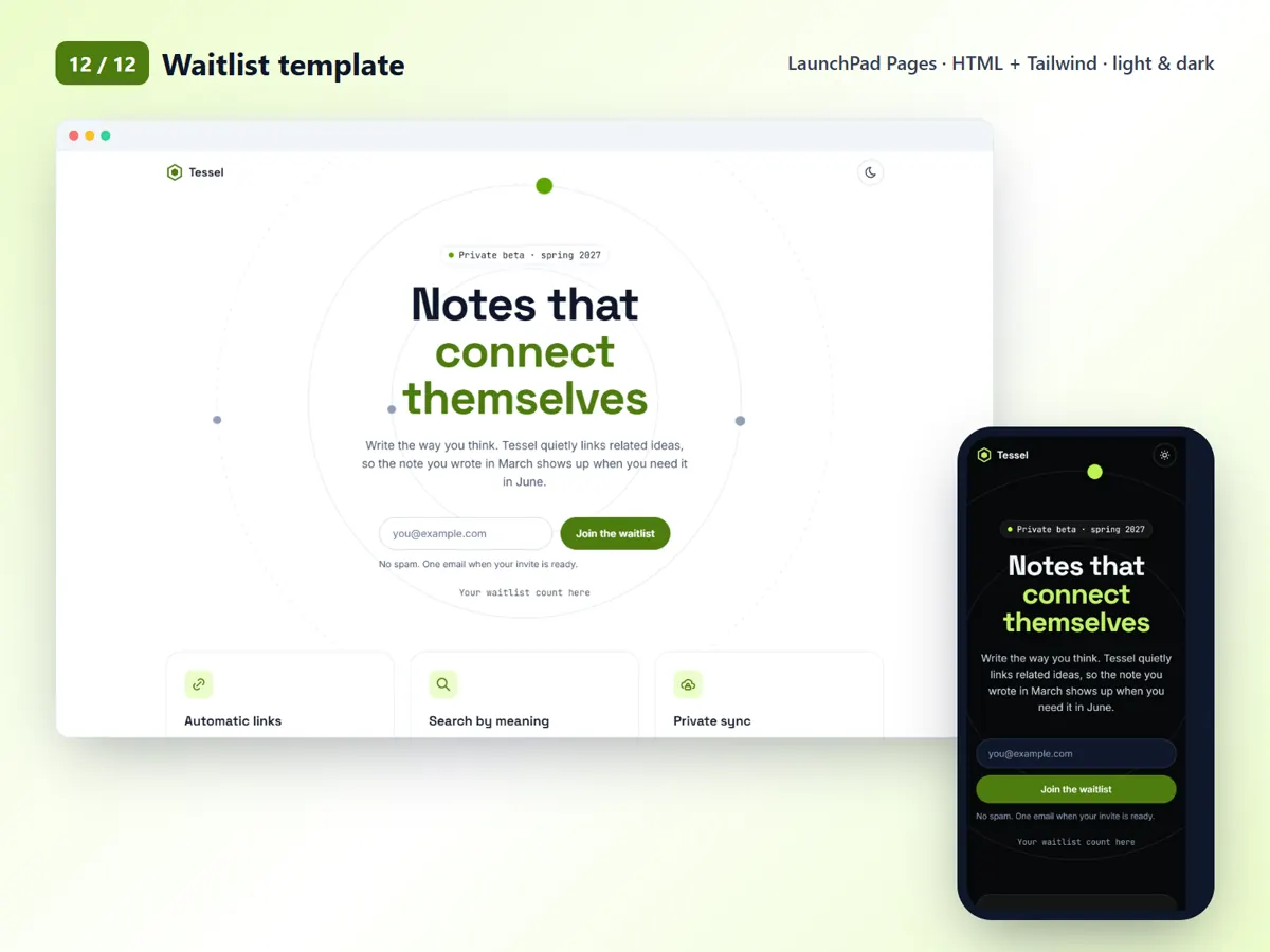 Waitlist template, desktop and mobile