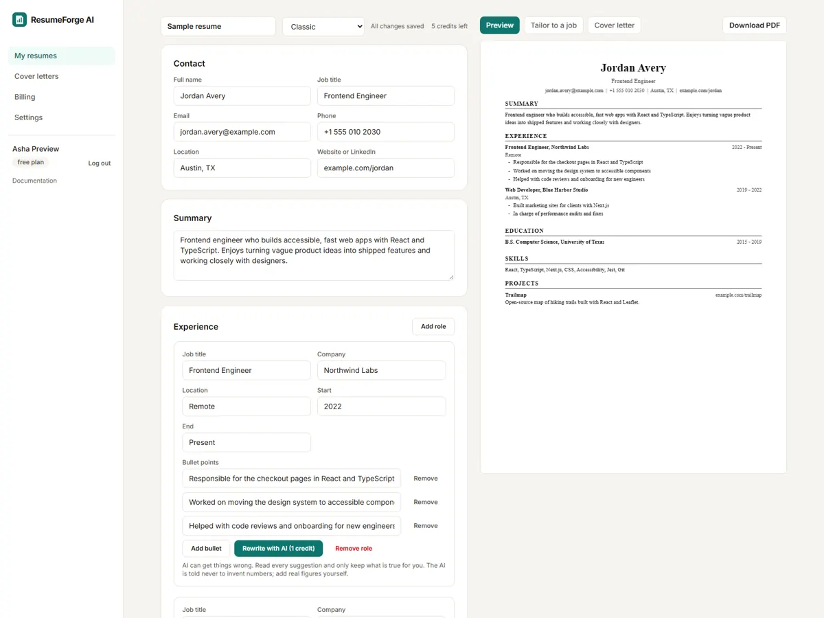 The resume editor with its live preview