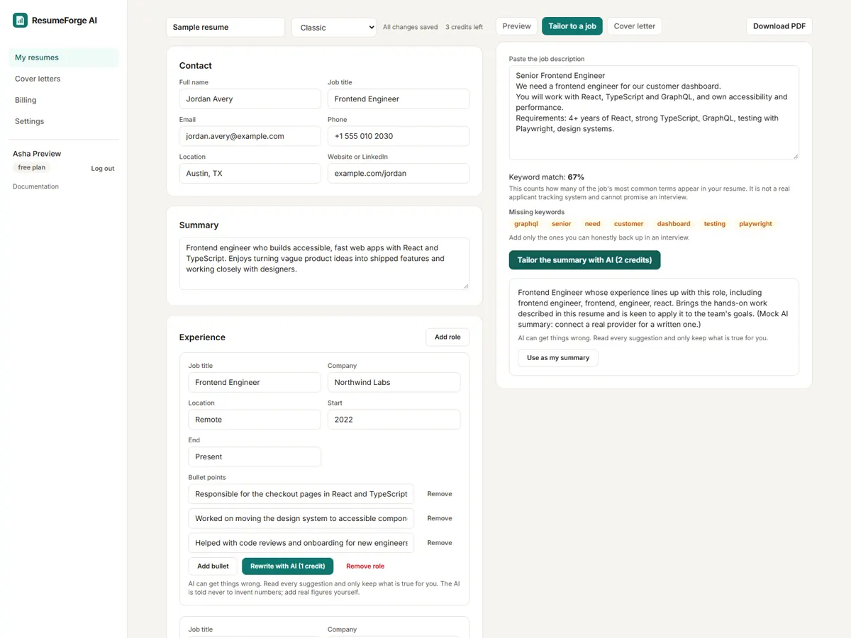 Job tailoring with the keyword match score and gap list