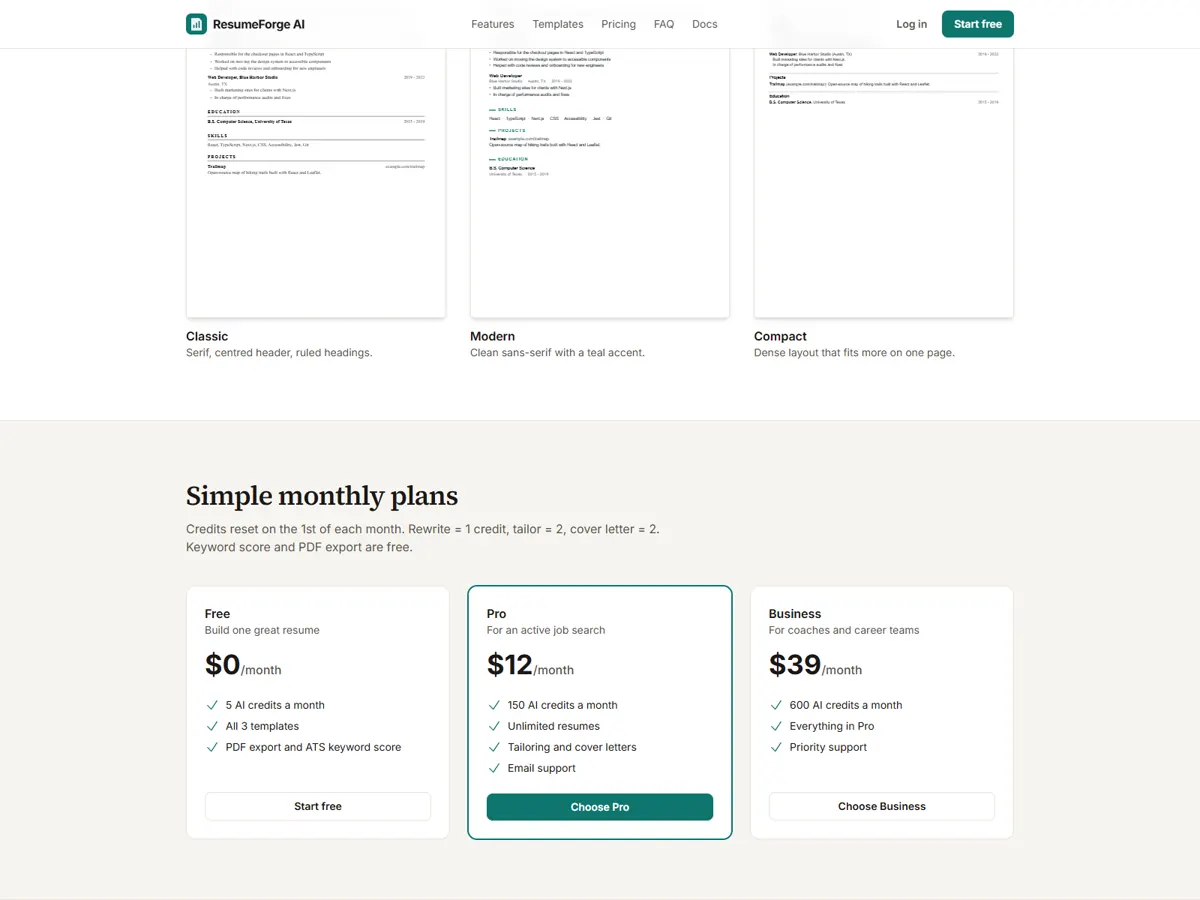 Landing page pricing section