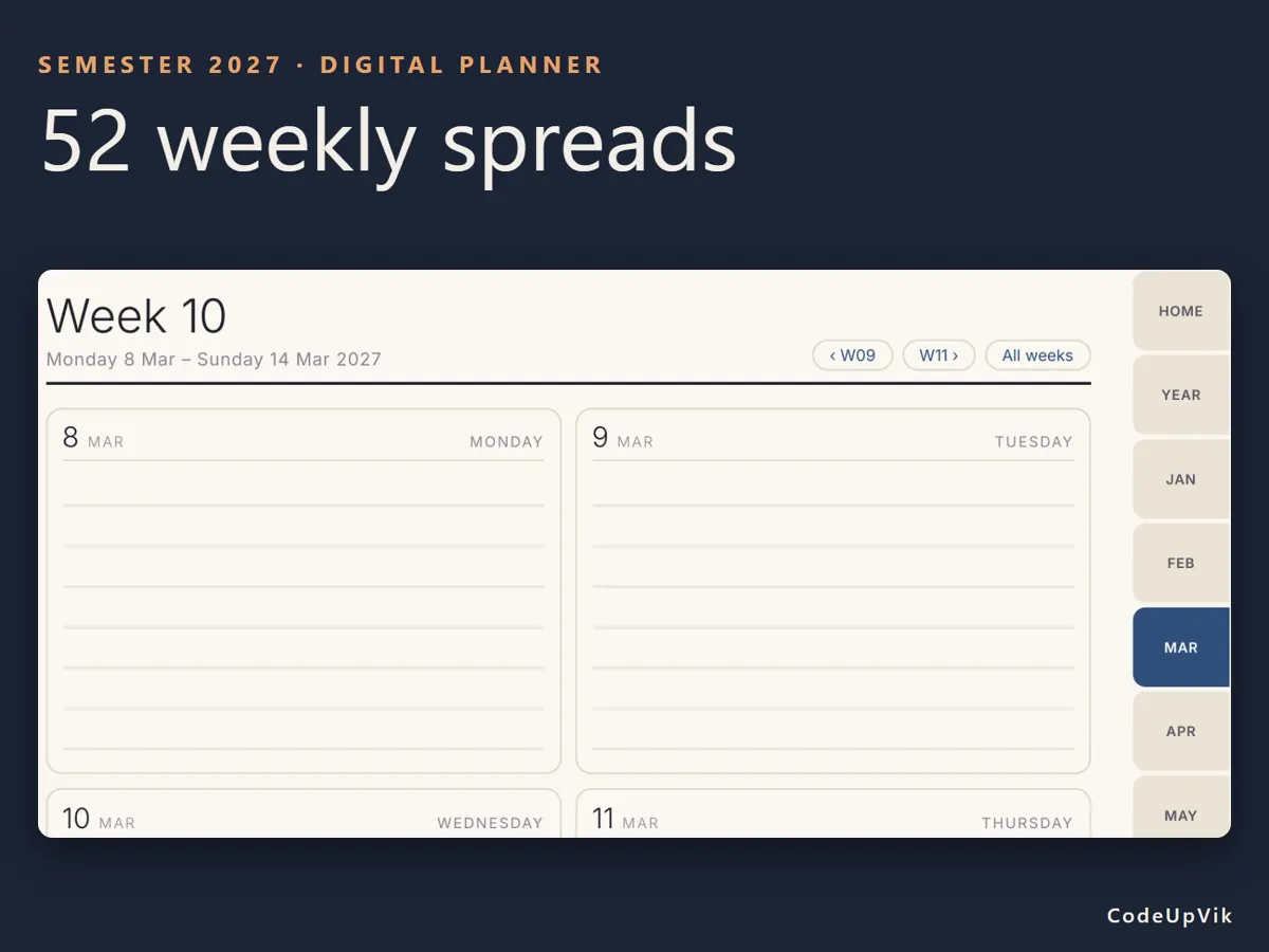 Close-up of a real weekly page