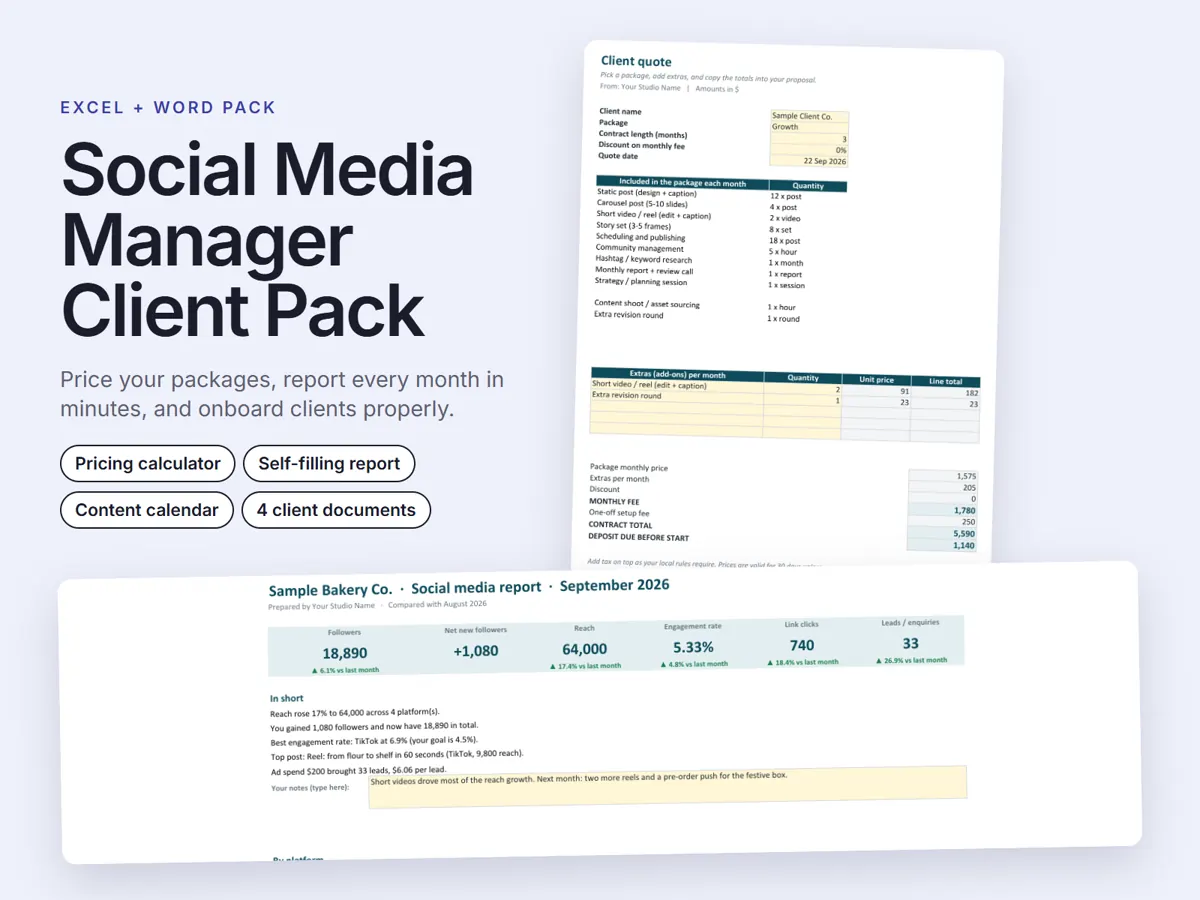 Title card for the pack, labelled EXCEL + WORD PACK, reading Price your packages, report every month in minutes, and onboard clients properly, with four tags for the pricing calculator, the self-filling report, the content calendar and the 4 client documents. Behind it sit the Client quote tab and a filled September 2026 report for the fictional Sample Bakery Co.