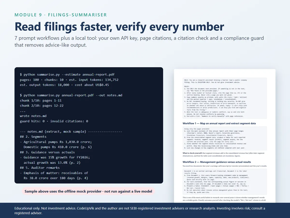 The filings-summariser command-line tool turning a filing into page-cited notes