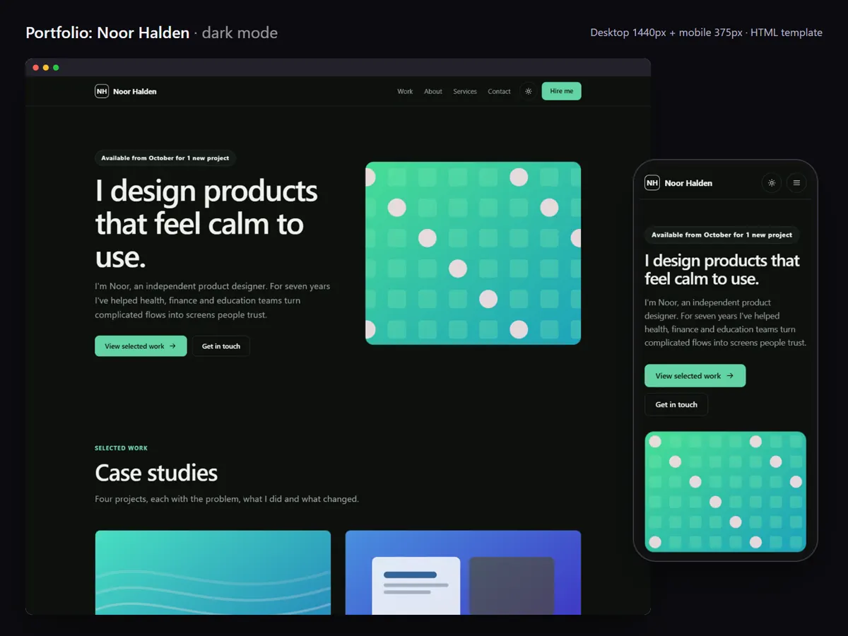 Portfolio template in dark mode