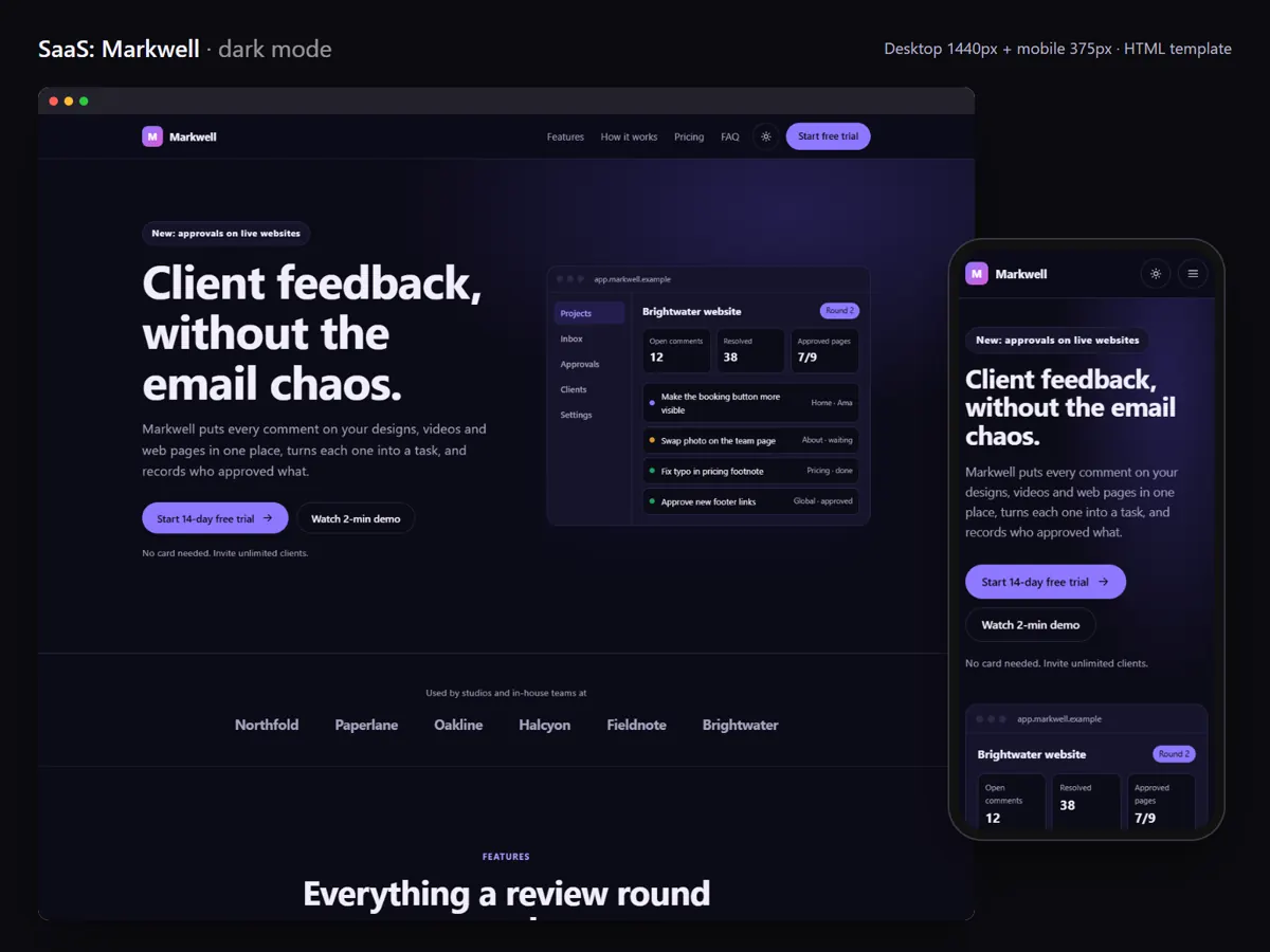 SaaS template in dark mode