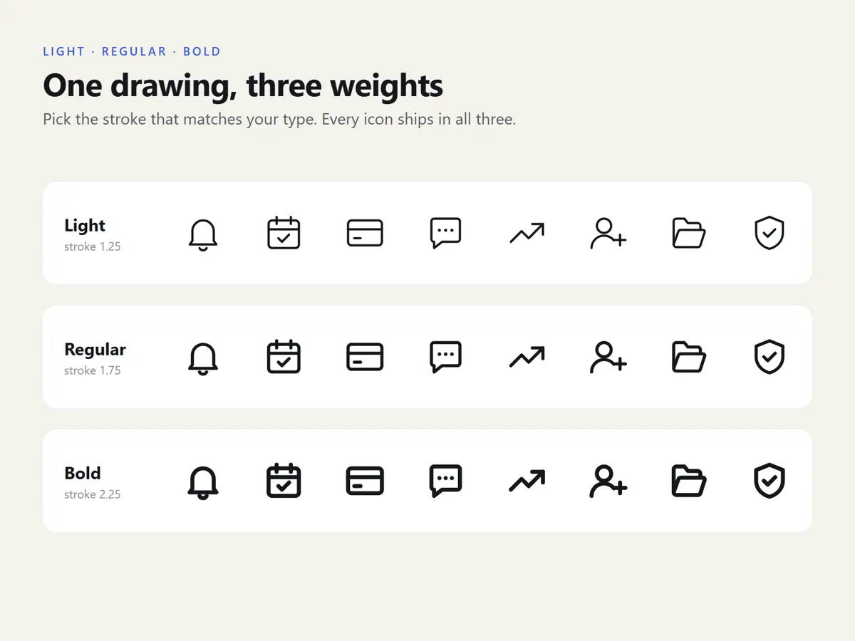 The same icons in light, regular and bold weights